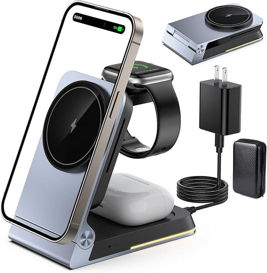 Aluminum 3 in 1 Wireless Charging Station,Foldable Wireless Charger for Apple Magsafe with Light,Portable Travel Magnetic Charger Stand for iPhone 17/16/15/14,Watch,Airpod,with PD 20W Adapter & Case