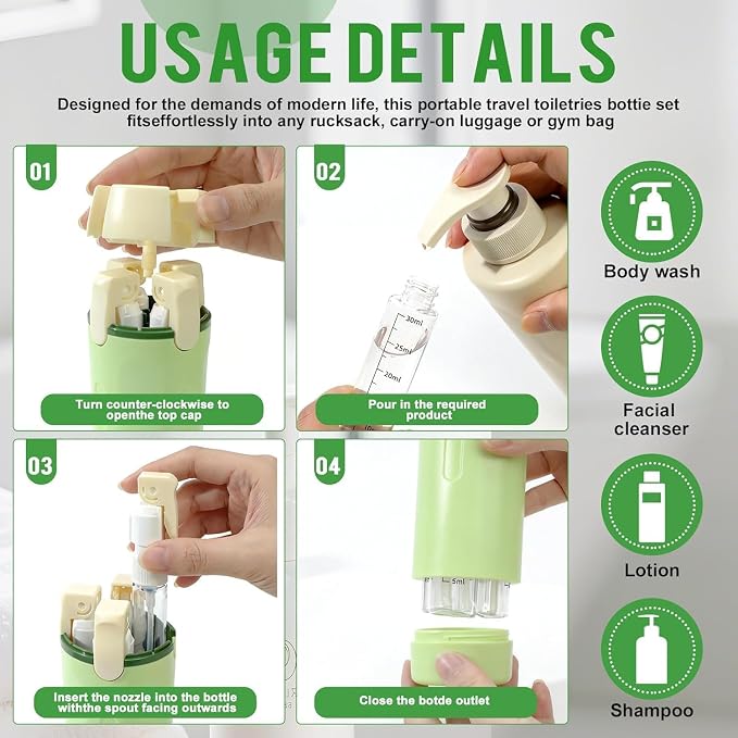 Leak Proof Travel Bottles 4 Pack 30ML, Refillable Toiletry Containers with Scale & Label, Clear Portable Dispenser for Shampoo Conditioner Lotion Cream Body Wash(Green)
