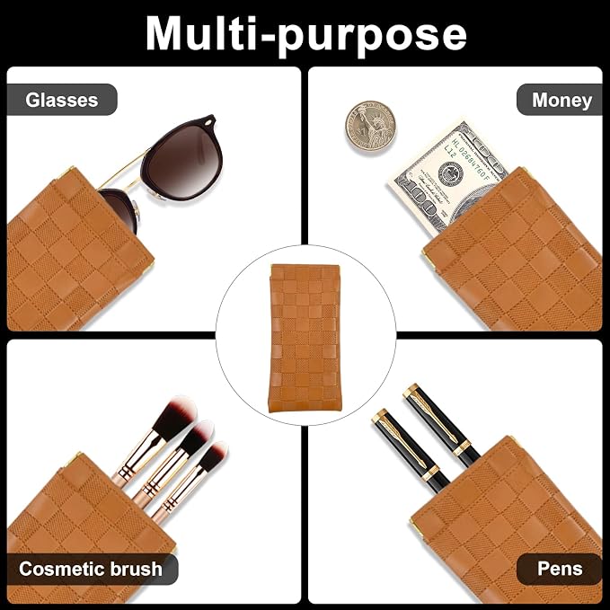 3Pcs Small Makeup Bag for Purse, Waterproof Portable Checkered Leather Makeup Pouch, Small Purse Pouches for Purse Small Coin Purse Organizer Pouches Snap Closure Pocket Cosmetic Bag for Women (Brown)