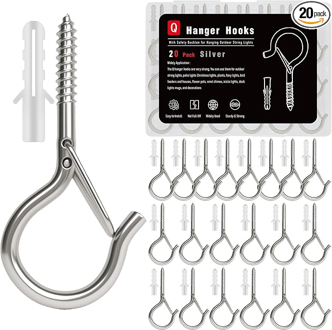 Black Screw Hooks with Safety Lock 2.3" Rustproof Metal Ceiling Hooks for Hanging Plants, Baskets,String Lights & Outdoor Decor, 40LB Capacity (20, Silver)