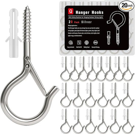 Black Screw Hooks with Safety Lock 2.3" Rustproof Metal Ceiling Hooks for Hanging Plants, Baskets,String Lights & Outdoor Decor, 40LB Capacity (20, Silver)