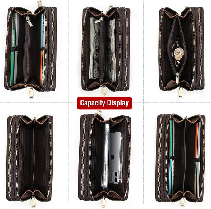 Top Grain Genuine Leather Clutch Bag Wallet with Wristlet for Man & Woman, Handmade Retro Design, 2 Zipper Pockets & Multiple Slots, RFID Large Capacity for Cards/Phone/Check/Money/Coin, Coffee