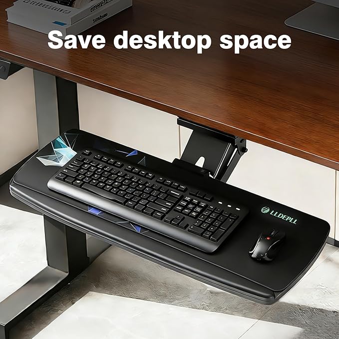Keyboard Tray Under Desk with Storage Drawer, Height Adjustable Keyboard Tray Slide Out 360° Swivel Tilt, Ergonomic Under Desk Mount Keyboard & Mouse pad Lighting, Black