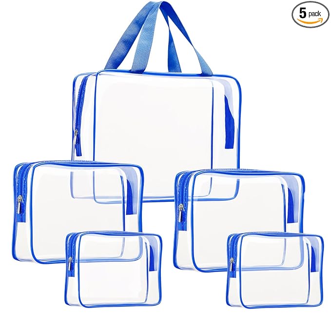 5Pcs Crystal Clear PVC Travel Toiletry Bag Kit for Women Men, Waterproof Vinyl Packing Organizer Storage Bags with Zipper Handle Straps, Cosmetic Pouch Carry on Airport Airline Compliant Bag Handbag