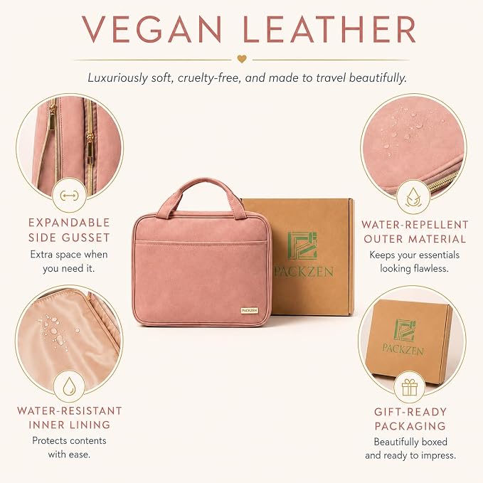 Pink Hanging Travel Toiletry Bag for Women, Large Makeup Bag and Cosmetic Organizer, Soft-touch Vegan Leather, TSA Approved Clear Pouch, Gifts for Women