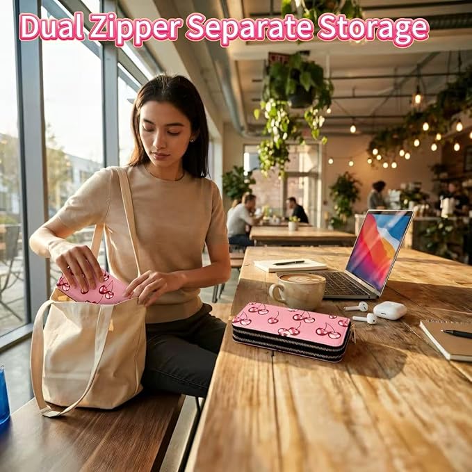 Women Cherry Print Long Wallet, Dual Zipper Large Capacity PU Leather Card Holder Clutch Purse for Daily & Travel