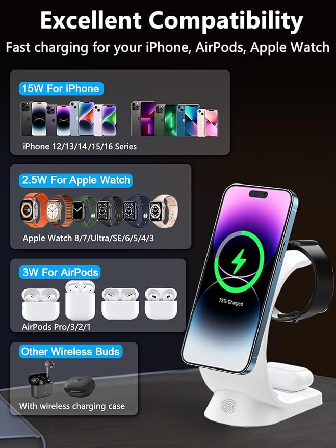 Mag-Safe 3 in 1 Wireless Charging Station, [6-Color RGB Light] 15W Fast Magnetic Wireless Charger Stand for Multiple Devices Apple, for iPhone 17/Air/16/15 Pro Max, for iWatch 2 to 9