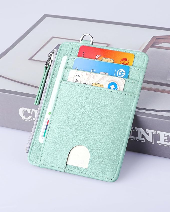 Teskyer Slim Card Holder Wallet with Zip Pocket, RFID Blocking, Total 9 Compartments Large Capacity, 3.5" x 4.7" (Slight Larger Than Usual), Faux Leather - Light Green