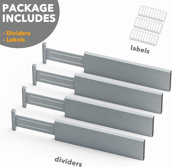 SpaceAid Bamboo 4 Pack Dresser Drawer Dividers, 4.65??High Adjustable 17??22??Drawer Organizers, Expandable Organization for Clothing, Clothes, Dressers, Gray