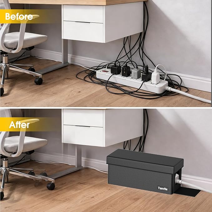 Tamfile Cable Management Box, Fireproof Foldable Cord Organizer and Cover, Heat Resistant Large Power Strip Organizer for TV Wires, Computer and USB Hub with Cable Clips & Reusable Cable Ties (Black)