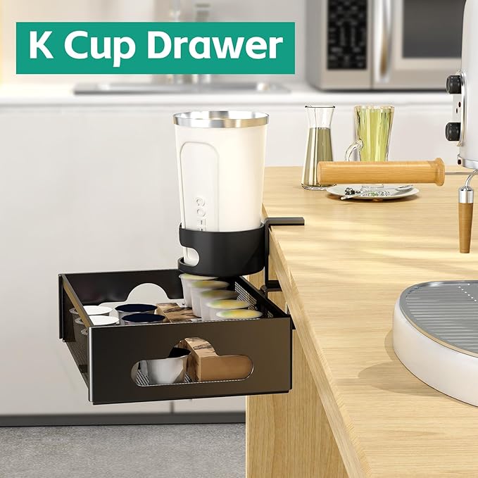 Desk Cup Holder with Drawer Organizer, Anti-Spill Clip-On Table Cup Hook with 360° Rotation Hidden Storage Box for Office Home Gaming Table (Black)