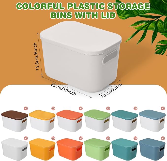 Thyle 12 Pack White Colorful Plastic Storage Bins with Lids 7 Quart Toy Storage Box Stackable Nestable Organizer Boxes with Handle and Labels for Classroom Shelf Bedroom Desktop Toys School Supplies