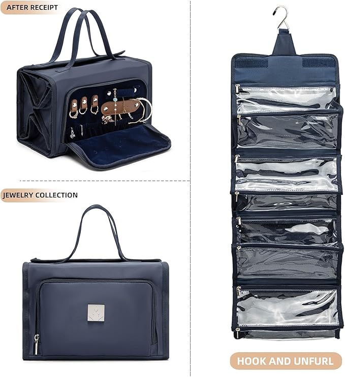 ROYALFAIR Roll Up Makeup Bag, Travel Toiletry Bag for Women with 4 Clear TSA Approved Pouches, Hanging Travel Organizer, Folding Cosmetic Bag for Men and Women (navy blue)