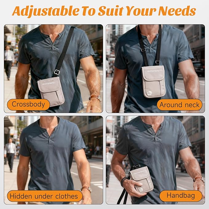 Neck Wallet & RFID Blocking Passport Holder for Travel – Waterproof Hidden Travel Wallet with Card Slots, Adjustable Strap, Portable Document Organizer for Men, Women (Gift) Khaki