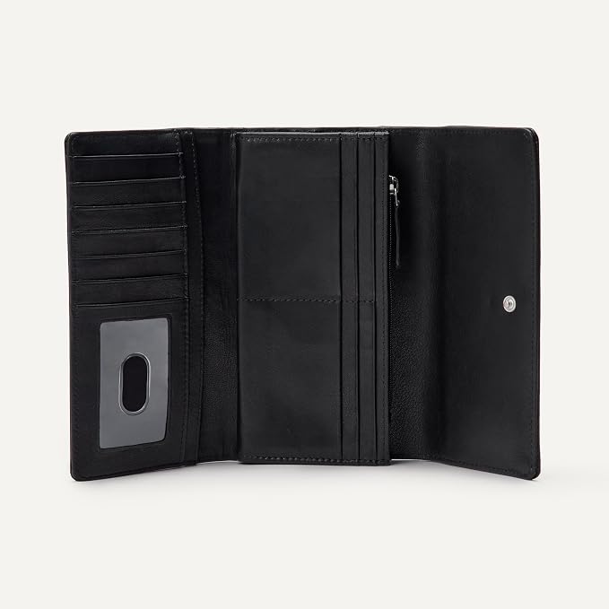 Amazon Essentials Women's Long Flap Continental Leather Wallet with Snap Closure, Black, One Size