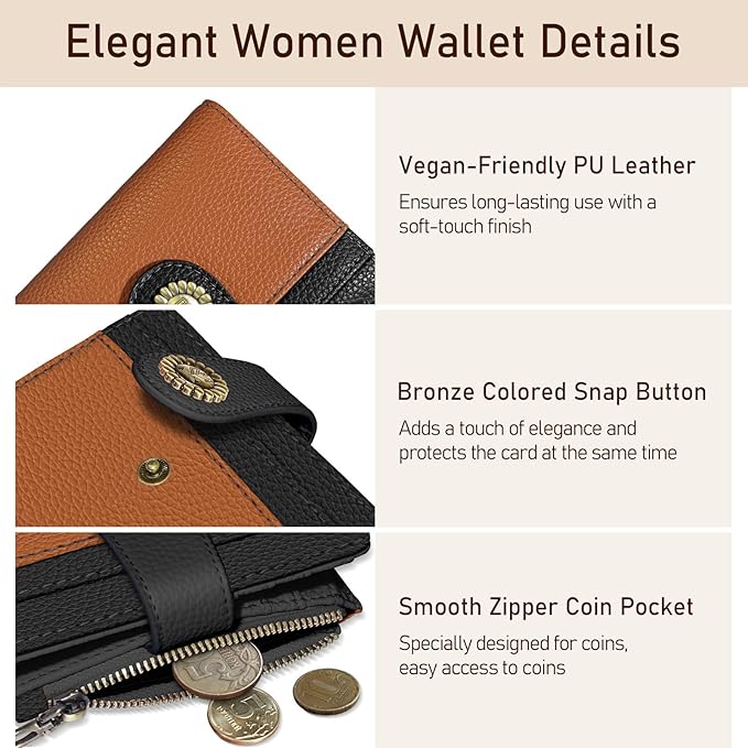 Kelvoris Small Rfid Women Wallet Bifold Zipper Coin Pocket PU Leather Compact Cash Credit Card Holder Travel Wallet for Female Ladies Teen Girls 1 ID Window 10 Card Slots Brown and Black