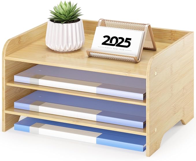 Desk File Organizer 4-Tier Desktop Paper Mail Organizer Document Holder for Home Office Supplies, Office Desk Accessories & Workspace (Nature)