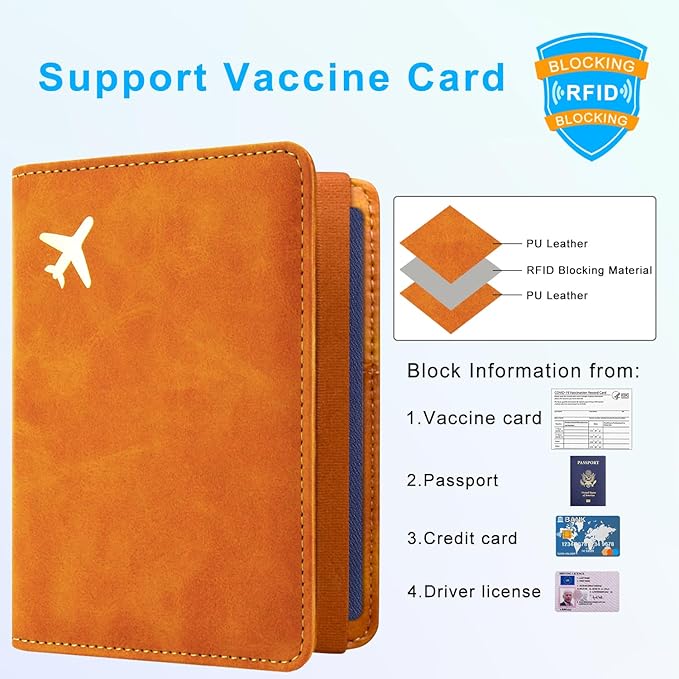 ACdream Passport and Vaccine Card Holder Combo, Cover Case with CDC Vaccination Card Slot, Leather Travel Documents Organizer Protector, with RFID Blocking, for Women and Men, C - Yellow & Plane, C