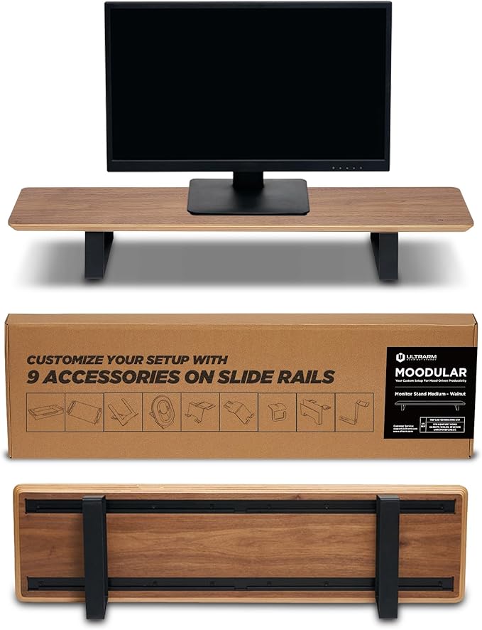 ULTRARM Moodular Wooden Monitor Stand 33.4??(85cm) Desk Organizer with Metal Slide Rails for Drawer, Tray, Laptop, Tablet, Phone & Headphones Customizable Riser for Organized Workspace Walnut MS85-W