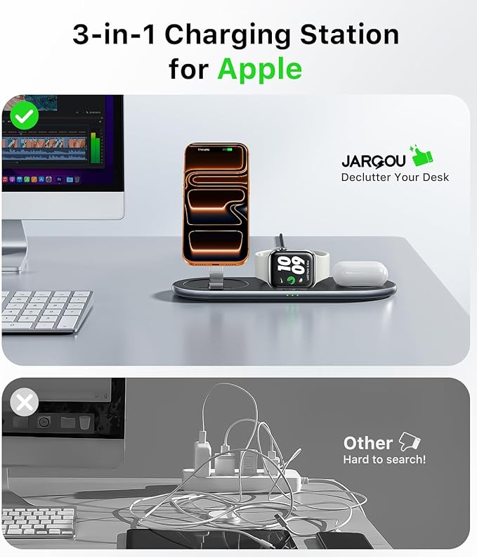 JARGOU Foldable 3 in 1 Wireless Charging Station for Apple with Magsafe Charger Stand, Fast Magnetic Wireless Charger for iPhone 17 Air 16 15 14 13 12, for iWatch, for AirPods (Light Black)