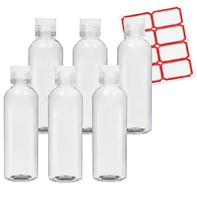 6 Pack Travel Bottles - Travel Containers for Toiletries - TSA Approved Size - Refillable Empty Plastic Bottles with 2 Labels & Carry Bag - For Shampoo, Lotion, Conditioner, Sanitizer - 3.4oz