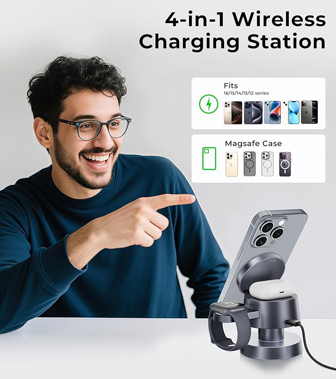 4-in-1 Magnetic Wireless Charging Station for iPhone 17/16/15/14 Pro Max, with Night Light Wireless Charging Station Fast Charging for Apple Watch, Earphones & Multiple Devices
