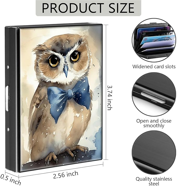 Credit Card Holder, Watercolor Owl Design Mini RFID Blocking Aluminum Wallet Slim Metal Hard Case Shell Travel Wallet ID Case Small Credit Cards Case Business Cards for Women Men Girls