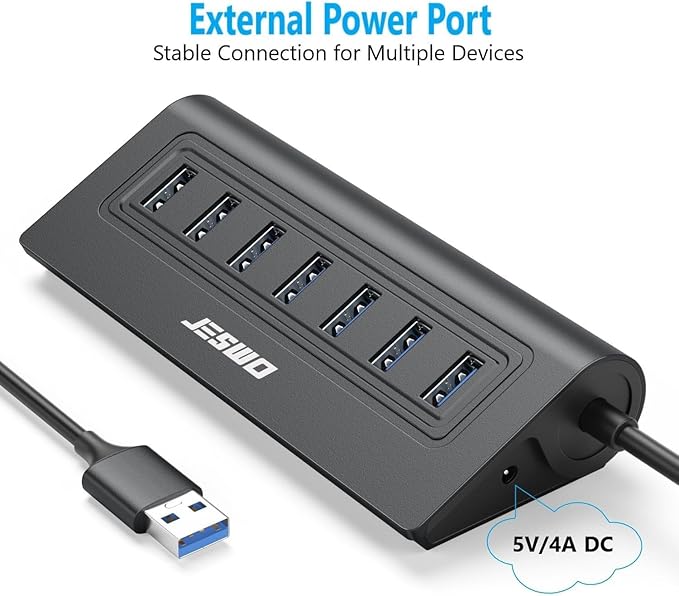 USB Hub 3.0, JESWO Aluminum 7 Port USB 3.0 Hub with 3.3Ft Cable, USB Splitter with 7-USB3.0 Data Ports Compatible with MacBook, Laptop,Surface Pro, PS5, PC and More (No Power Adapter Included)