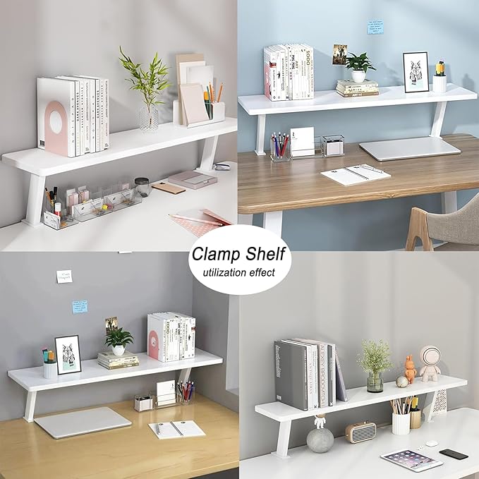 Clamp On Desk Organizer Shelf 1 Tier 31.5x7.8 in Above Desk Storage Extension Portable, No Drill Required Desktop Shelf Clamp for Home Office Dorm Workstation and Study Space