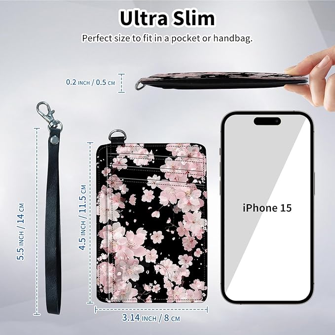 Slim Minimalist Front Pocket Wallet,Credit Card Holder Wallet for Women Men,RFID Blocking Credit Card Holder Case Leather Cute Small Thin Wallet ID Window&Wrist Strap,Pink Flower Black
