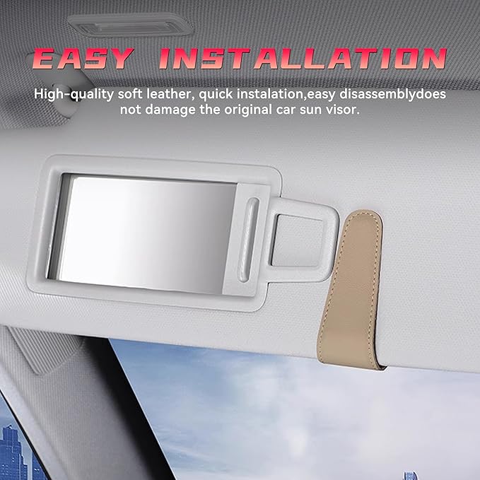 2PCS Sunglasses Holders for Car Sun Visor, Leather Eyeglasses Hanger Mounter, Magnetic Glasses Holder and Ticket Card Clip, Universal Auto Interior Accessories (Beige, 1PCS)