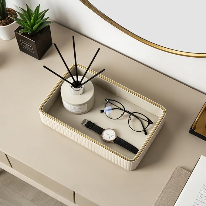 PU Leather Valet Tray,Desk Organizer Tray Nightstand Organizer Trinket Dish Storage Key Bowl Decorative Trays for Phone Wallet Jewelry Watch,Bathroom Bedroom Perfume Vanity Trays,Beige