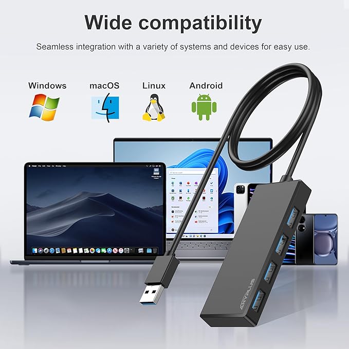 USB Hub, Multiport USB Splitter Adapter, 2 ft Long Cable USB 3.0 Hub, USB Extender for Laptop, PC, iMac, Surface Pro, MacBook, Mac Pro, Flash Drive, XPS, Mouse, HDD, Black, HJ-Black-0.5M-001