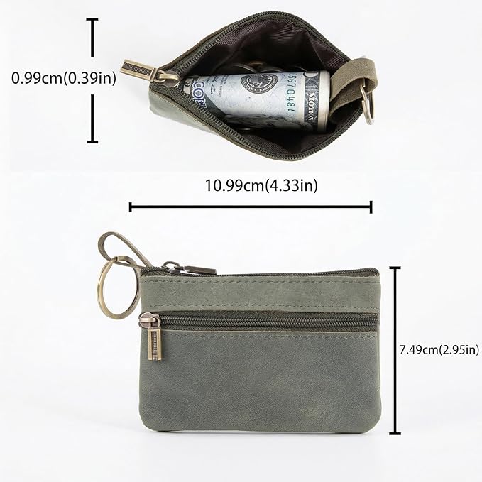 Coin Purse for Men,Coin Pouch with Zipper for Men Women,Genuine Leather Mini Coin Pocket Pouch Change Holder Mens Tray Purses Coin Purse Cash Change Wallet Key Holder Money Pouch