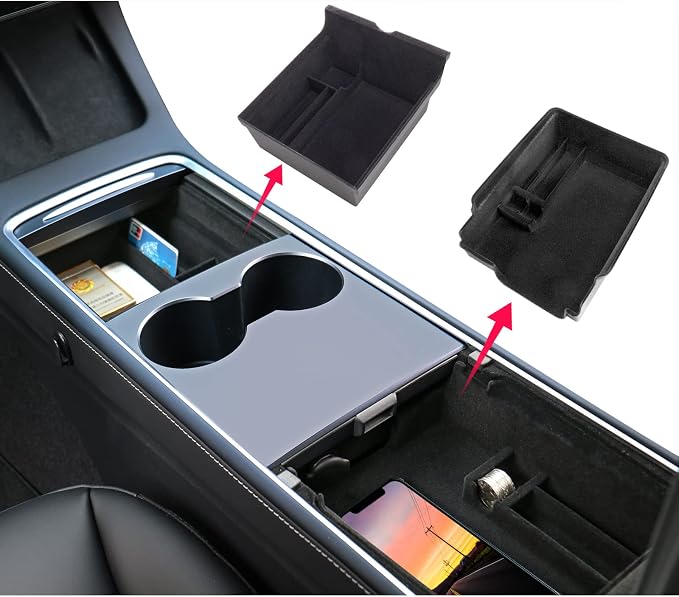 3PC Center Console Organizer Tray for 2021-2022 2023 Tesla Model 3 and 2021-2024 Model Y Flocked Armrest Drawer Storage Box Interior Accessories