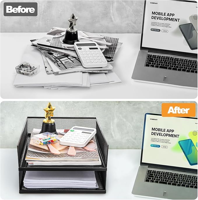 YOUEON 2 Pack Wire Mesh Letter Trays 12.8"x10"x2.9", Stackable Paper Tray Organizer for Desk, Metal Desk Magazine File Holder for Home, Office, School
