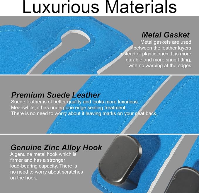 Car Seat Hooks for Headrest, Car Purse Hook & Back Storage Hook, Zinc Alloy & Suede Material Heavy Duty Car Hooks for Purses and Bags,Universal Fit for Most Vehicles (Blue-2 Pack)