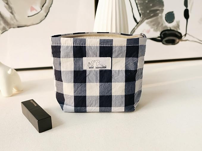HAPPYHEIDI Cotton Black White Checker Makeup Bag Set 3 with Compartment Cosmetic Toiletry Travel Pouch,Purse Accessory Organizer, 3-Size, Canvas Lined