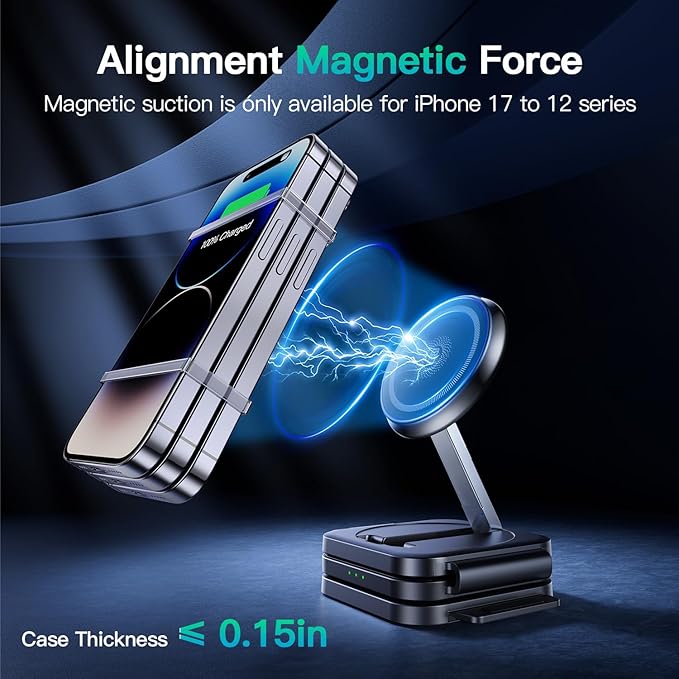 3 in 1 Charging Station for Apple Devices, Foldable Wireless Charging Station for iPhone 17/16/15/14/13/12, Apple Watch & AirPods with Magsafe Charger Stand, Travel Essentials Wireless Charger (Black)