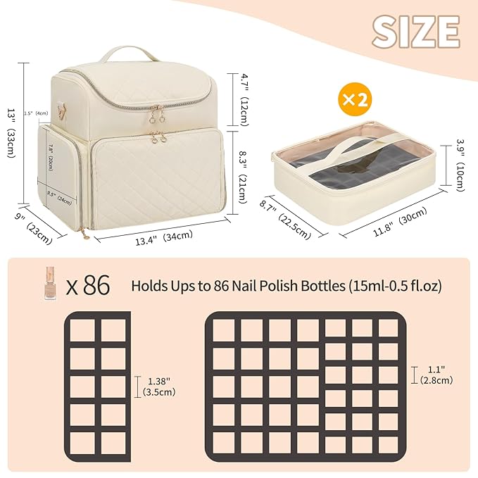 CUBETASTIC Extra Large Nail Polish Organizer Case Holds 86 to 100+ Bottles Nail Polish & Nail Lamp, Nail Supplies Storage Carrying Bag with 2 Removable Pouches
