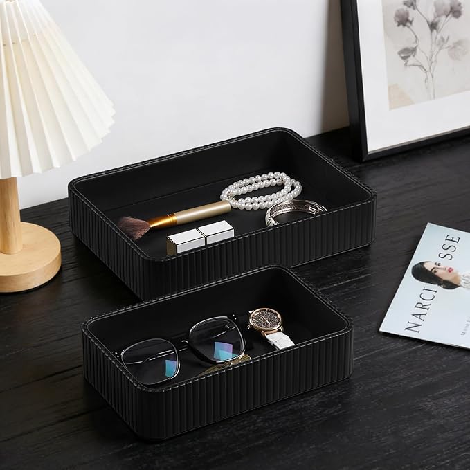 Desk Organizer Tray, PU Leather Nightstand Organizer Perfume Valet Tray for Men Women, Decorative Vanity Trays Trinket Dish Key Bowl for Entryway Table (2pcs, Black, Large+Small)