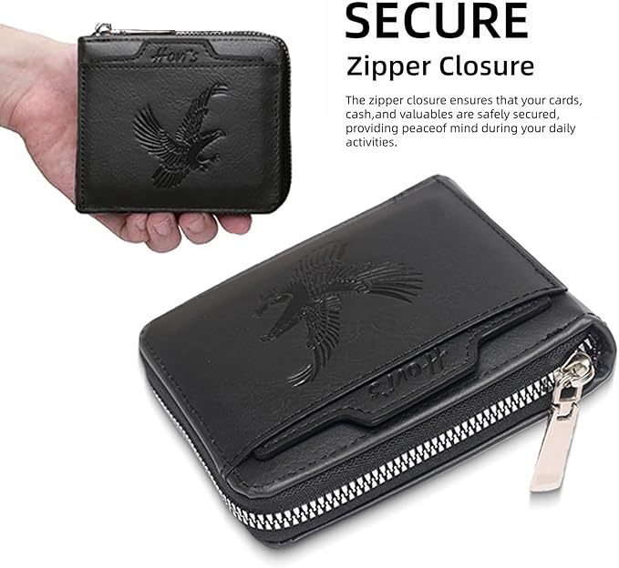 Eagles PU Leather Mens Compact Bifold Wallet, Vintage Zipper Wallet Closure with Detachable Card Case, 2 ID Windows & Snap Coin Pocket for Daily Travel Use