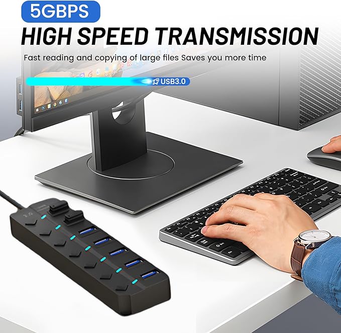 7-Port USB 3.0 Hub with Individual On/Off Switches, 5Gbps Data Transfer USB Splitter for Laptop, PC, Desktop, MacBook, Keyboard, Mouse, Flash Drive, Printer