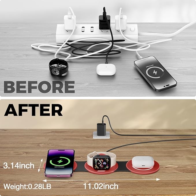 Hicober 3 in 1 Wireless Charging Station for Apple Watch and iPhone Air 17 16 15 14 13 12 Pro Max/Plus, Magnetic Foldable Wireless Travel Charger Station Stand for Airpods iWatch All Series Dark Red