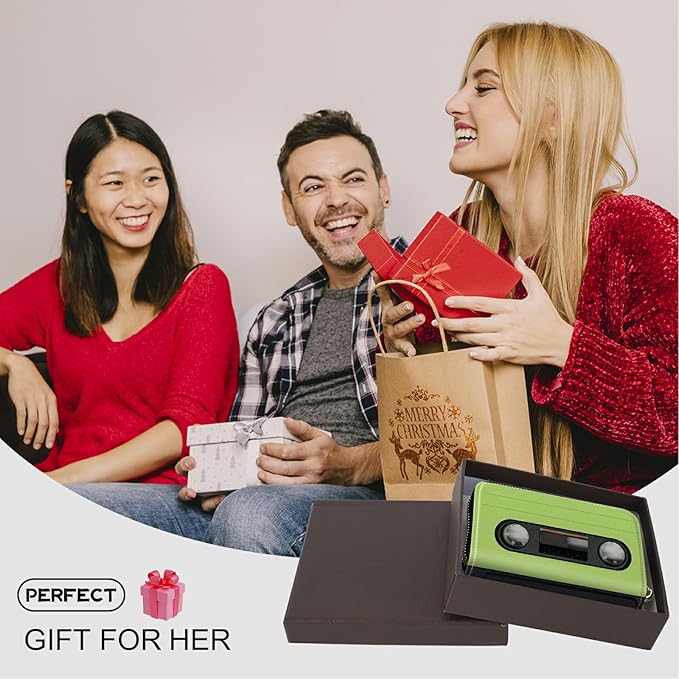 Cute Credit Card Holder with Zipper, Green Tape Cassette RFID-Blocking Card Case Small Wallet for Women Men, Multi-slot Card Organizer Case Travel Accordion Wallet