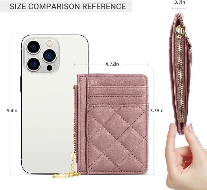 Credit Card Holder, Slim Keychain Wallet with Zipper Coin Pocket Front Small Pocket Wallet for Women, Pink