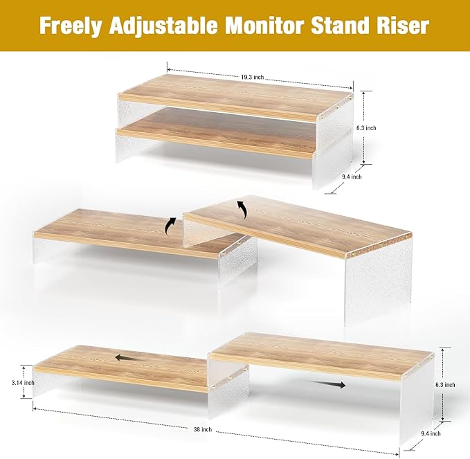 Adjustable Monitor Stand Riser with Acrylic Legs丨9.4" Wide Dual Monitor Stand for Desk丨2-Tier Wood Desktop Organizer for Computer, Laptop, Printer & PC丨Modern Aesthetic Desk Shelf(wood-glacial striae)