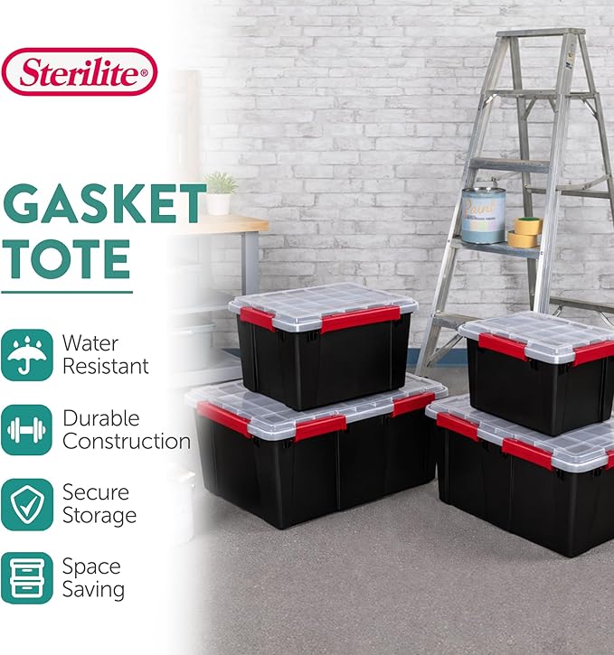 Sterilite 8 Pack Gasket Box, Stackable Plastic 20 Gallon Storage Container with Lids, Black - Waterproof and Dustproof Tote for Home Organization