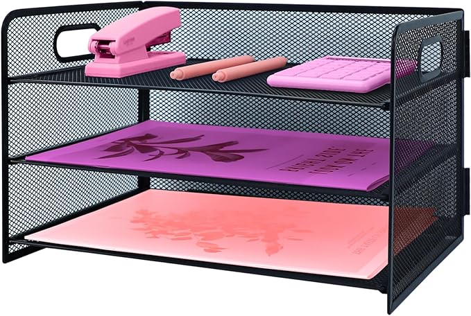 3 Tier Lettrer Tray Organizer with Handle, Metal Mesh Desk File Organizer with Sliding Trays, Paper Sorter Desk for Home Office School, Black