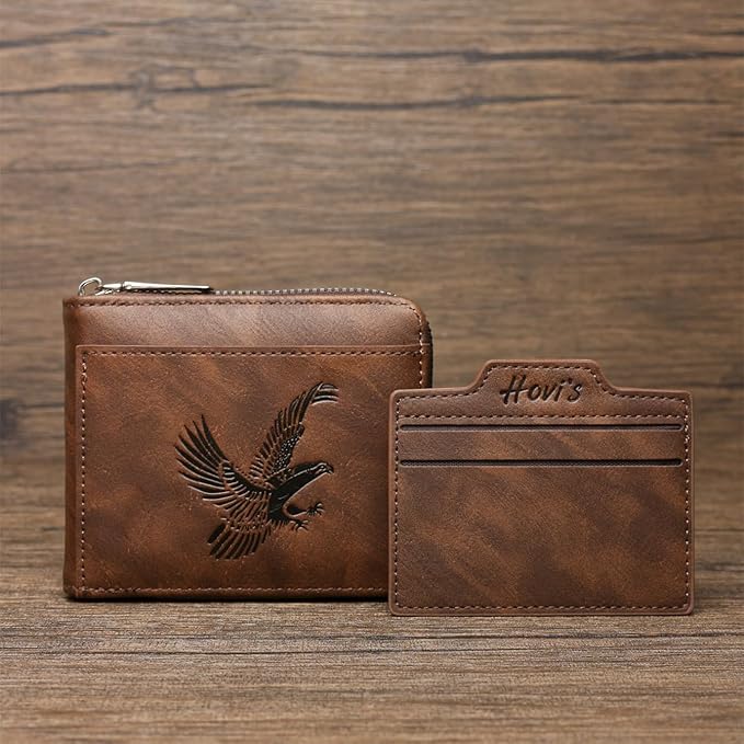 Eagles PU Leather Mens Compact Bifold Wallet, Vintage Zipper Wallet Closure with Detachable Card Case, 2 ID Windows & Snap Coin Pocket for Daily Travel Use (Brown)